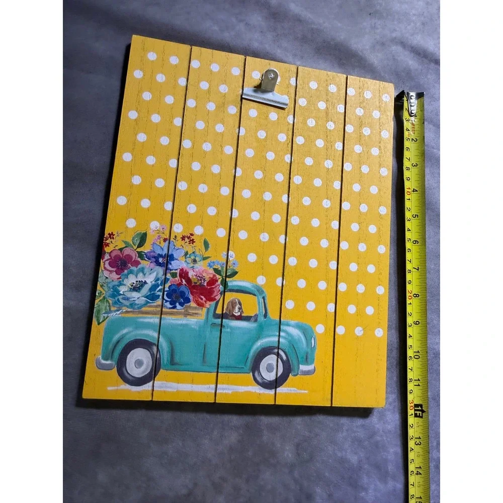 The Pioneer Woman Yellow Polka Dot Floral Truck Wood Photo Clip Board 10x12